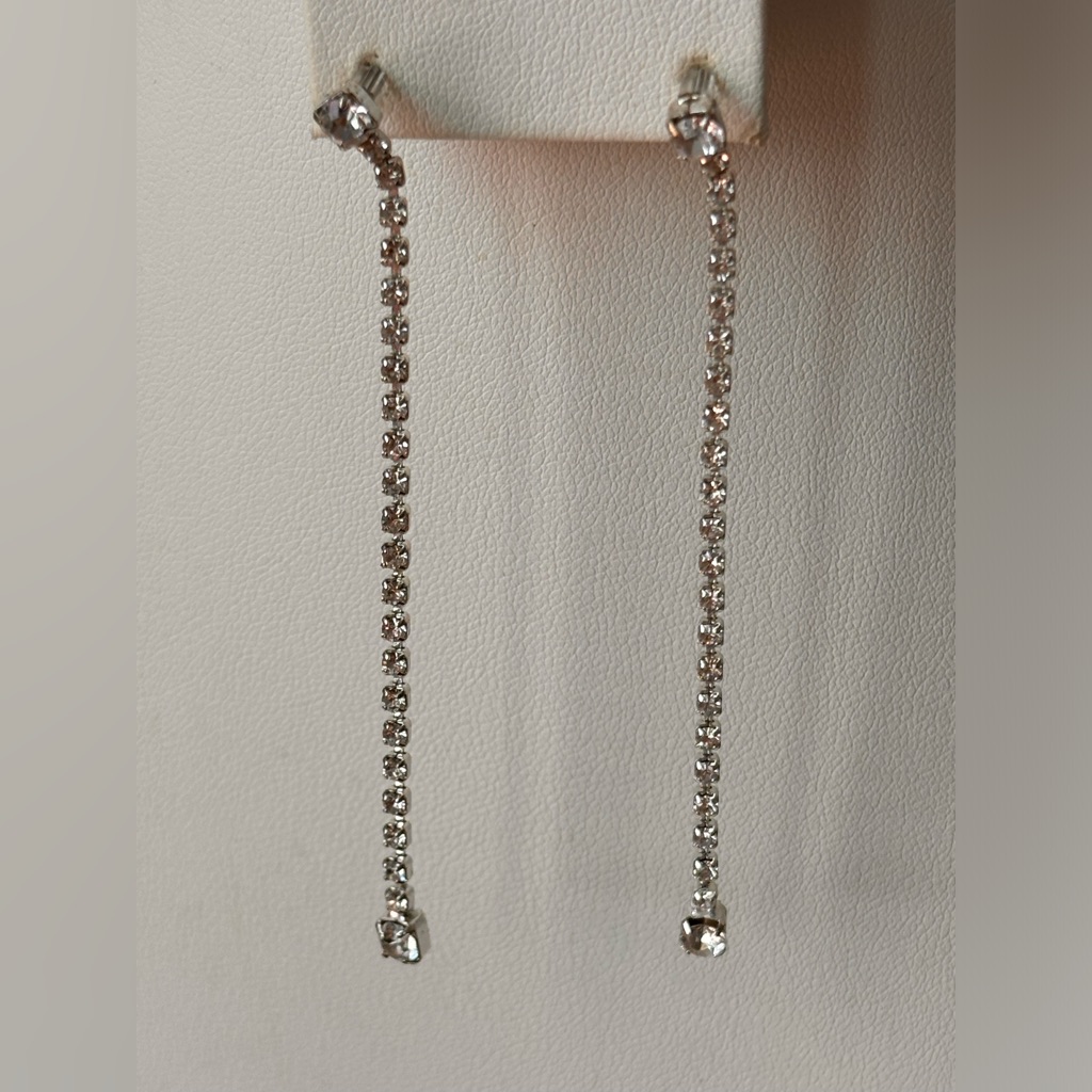 Lengthy Square Rhinestone Earrings/ Dangling- Pierced Ears Only/Measure 2 3/4 In